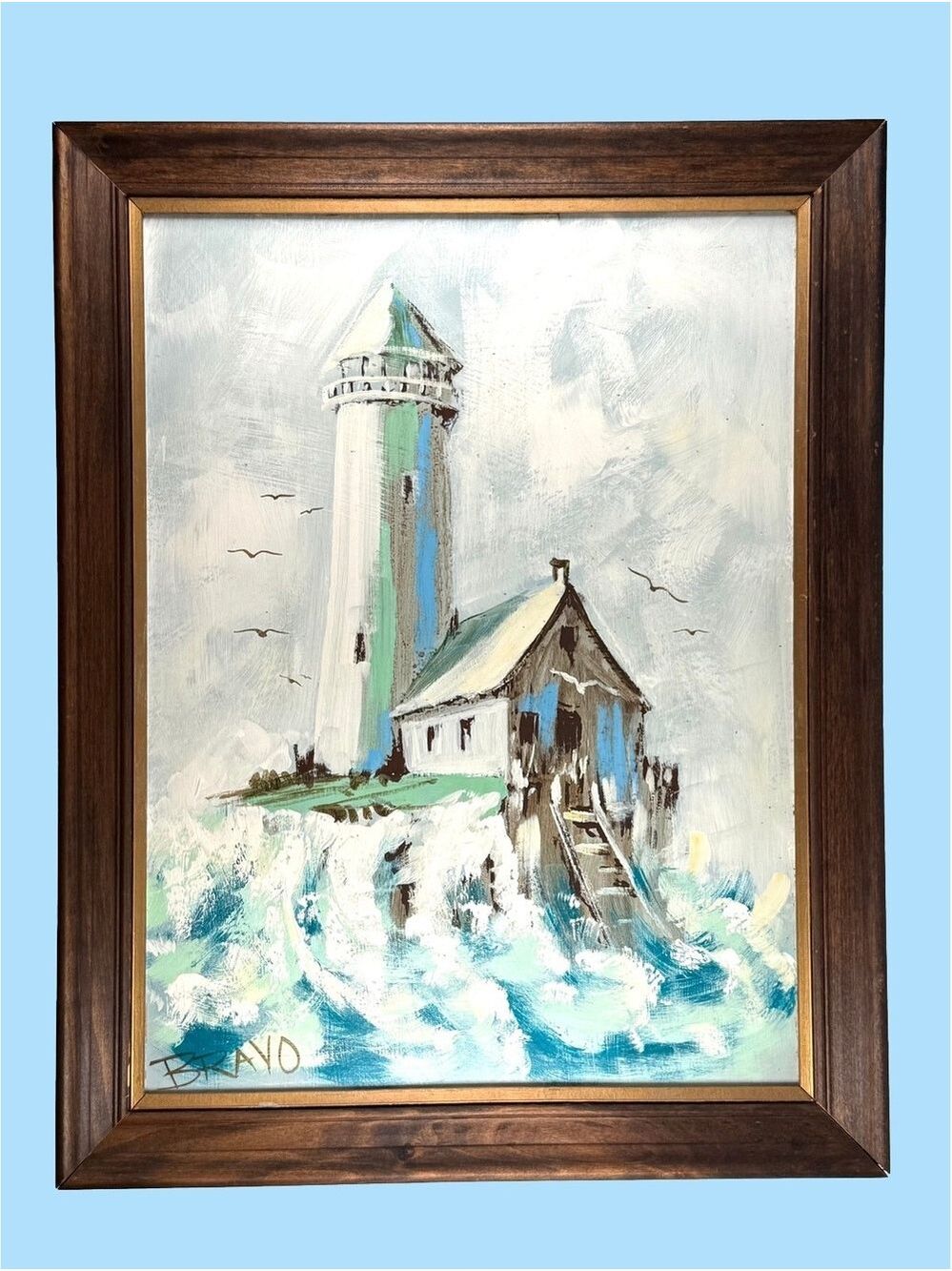 Vintage Lighthouse Painting Nova Scotia Coastal Seascape Signed 22x28 Framed Art